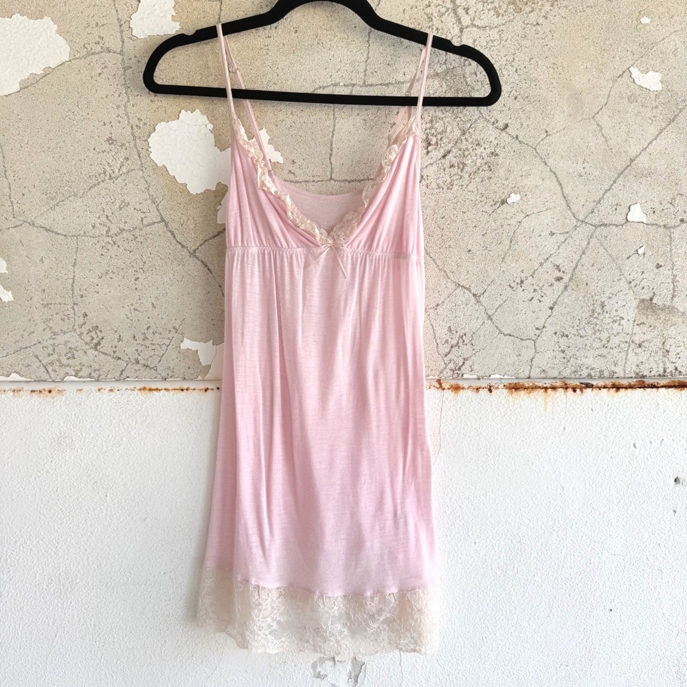Babydoll Chemise Slip Dress Lace Trim Pink Jersey Coquette Sleepwear Nightgown S